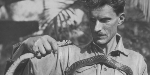 Arkady Fiedler trzymający węża w czasie polskiej ekspedycji naukowej do Puszczy Brazylijskiej w 1929 r.