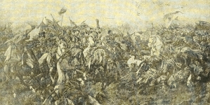 "Bitwa pod Zborowem. Król Jan Kazimierz, osaczony przez Tatarów, zawdzięcza ocalenie wczas nadbiegającej chorągwi husarskiej Gniewosza."