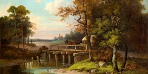 "Pejzaż z przeprawą przez most i widokiem na kościół" Franciszka Ruśkiewicza.