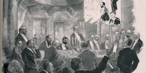 "Posiedzenie akcyonariuszów Drogi żelaznej Warszawsko-Wiedeńskiej w Resursie Kupieckiej : d. 24 Mama r.b. (1889)" Władysława Sandeckiego.