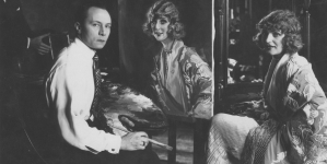 Tadeusz Styka w pracowni podczas malowania portretu pozującej mu aktorki Kazimiery Skalskiej w 1926 r. .
