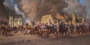 "Bitwa I Brygady Legionów z wojskami rosyjskimi w Urzędowie w lipcu 1915 roku (Belina pędzi Moskali z Urzędowa)" Zygmunta Rozwadowskiego.