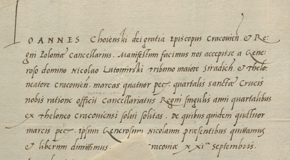  Kwit Biskupa Jana Chojeńskiego dla Mikołaja Lutomirskiego z 21 września 1537.  