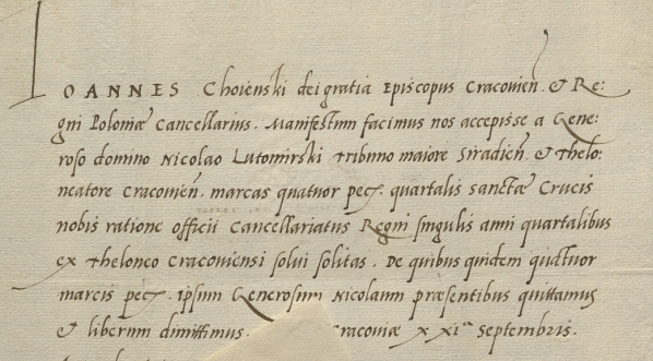  Kwit Biskupa Jana Chojeńskiego dla Mikołaja Lutomirskiego z 21 września 1537.  