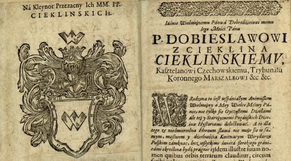  Herb, wiersz na herb i dedykacja dla Dobiesława Cieklińskiego, w książce księdza Andrzeja Wargockiego z roku 1648.  