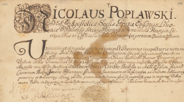  Dokument wystawiony 12 czerwca 1688 przez Mikołaja Popławskiego, Biskupa Inflanckiego i Piltyńskiego.  