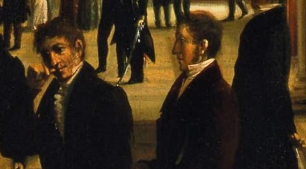  Aleksander Kokular z tabakierką w ręku na obrazie Wincentego Kasprzyckiego "Wystawa Sztuk Pięknych w Warszawie w 1828 roku".  