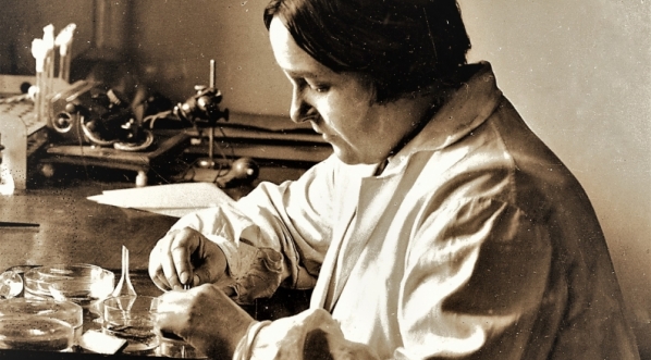  Zofia Weigl - żona profesora Rudolfa Weigla w fartuchu laboratoryjnym podczas pracy w laboratorium.  