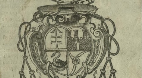  Herb czteropolowy (z czworga dziadków) Szymona Rudnickiego, Biskupa Warmińskiego, w druku z roku 1617.  