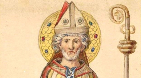  "Św. Wojciech w stroju biskupim z pacyfikałem w dłoni, według dawnego dywanu w Pirna, znajdującego się w muzeum w Dreźnie".  