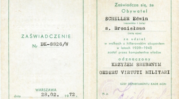  Zaświadczenie o odznaczeniu Edwina Schellera "przez kompetentne władze" Krzyżem Srebrnym Orderu Virtuti Militari.  