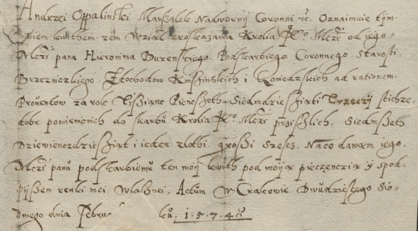  Kwit Andrzeja Opalińskiego z 27 lutego 1574.  