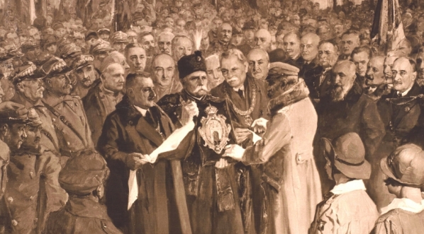  Fotografia obrazu Stanisława Batowskiego przedstawiającego dekorację herbu miasta Lwów Orderem Virtuti Militari 22 listopada 1920 r.  