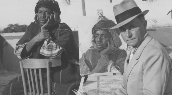  Artysta malarz Adam Styka podczas malowania obrazu w Marrakeszu w grudniu 1938 r.  