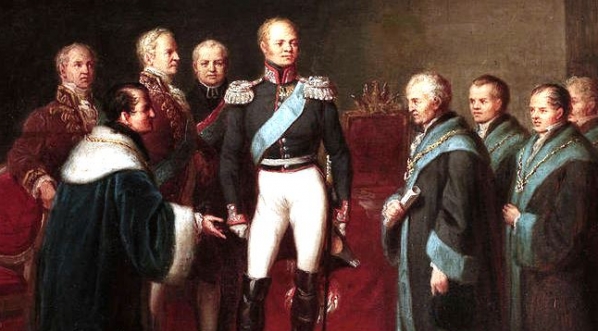  "Nadanie dyplomu erekcyjnego Uniwersytetowi Warszawskiemu przez cara Aleksandra I".  