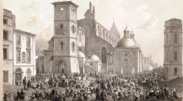  "Widok Krakowa po pożarze w 1850 r., przedstawiający nabożeństwo przy rozpoczęciu odbudowy kościoła dominikanów"  