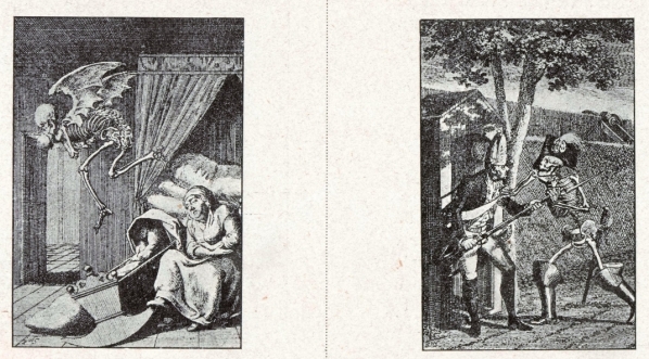  Reprodukcja rycin Daniela Mikołaja Chodowieckiego z cyklu "Taniec śmierci" ("Dziecko", "Wędrowiec", "Lekarz")..  