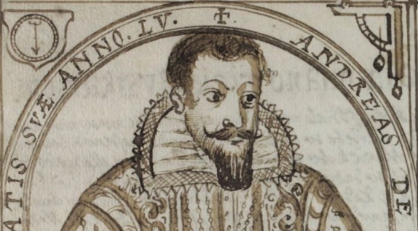  Strona z rękopisu Andrzeja Dell`Aqua "Praxis ręczna działa. Księga I. Traktat I" z wizerunkiem autora.  