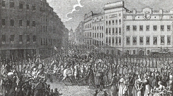  "Wojsko polskie w roku 1809 w Krakowie, (według wspłóczesnego obrazu M. Stachowicza)."  