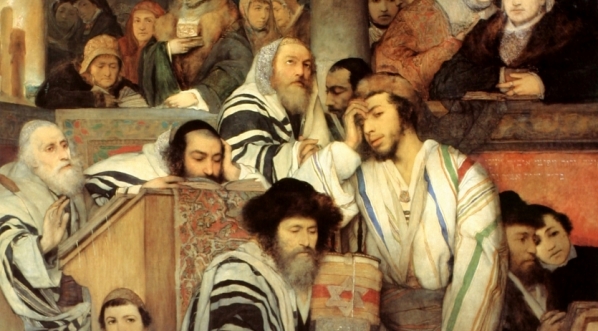  "Żydzi modlący się w synagodze w święto Yom Kippur" Maurycego Gottlieba.  