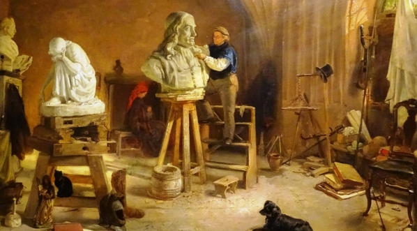  "Rudolf Freitag w pracowni rzeźbiący popiersie Heweliusza" Wilhelma Augusta Stryowskiego.  