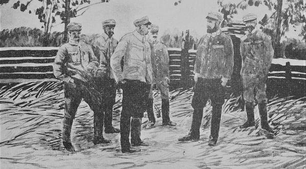  "Prof. Leon Wyczółkowski na pozycji w I pułku u swoich uczniów.  Kwiecień 1916." Stefana Sonnewenda.  