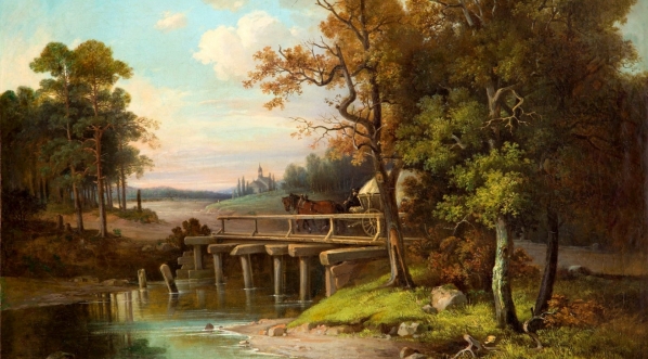  "Pejzaż z przeprawą przez most i widokiem na kościół" Franciszka Ruśkiewicza.  