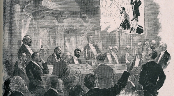  "Posiedzenie akcyonariuszów Drogi żelaznej Warszawsko-Wiedeńskiej w Resursie Kupieckiej : d. 24 Mama r.b. (1889)" Władysława Sandeckiego.  