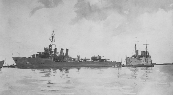  Akwarela artysty malarza Antoniego Suchanka "Okręty wojenne RP w porcie na Oksywiu".  