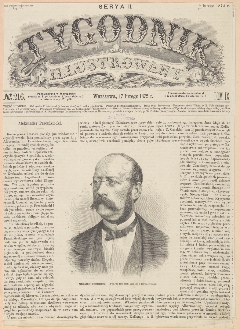 Strona tytułowa czasopisma z portretem Aleksandra Przezdzieckiego.